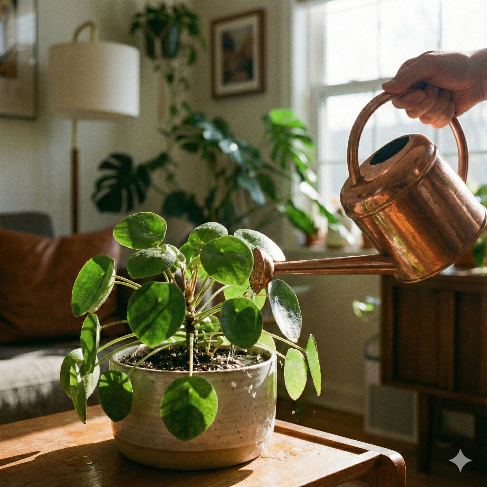 Riego de plantas de interior en verano a primera hora de la mañana