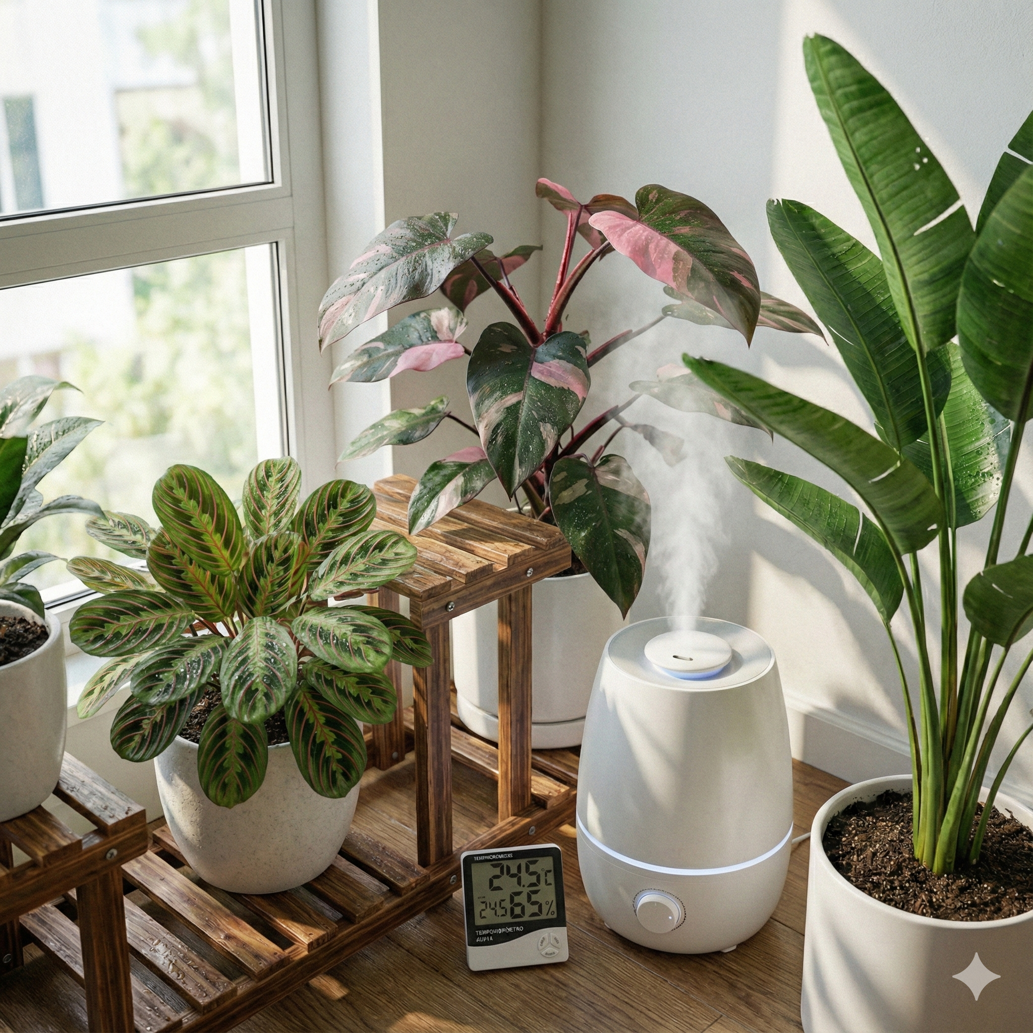 Termohigrómetro y humidificador junto a plantas de interior para controlar el clima en verano