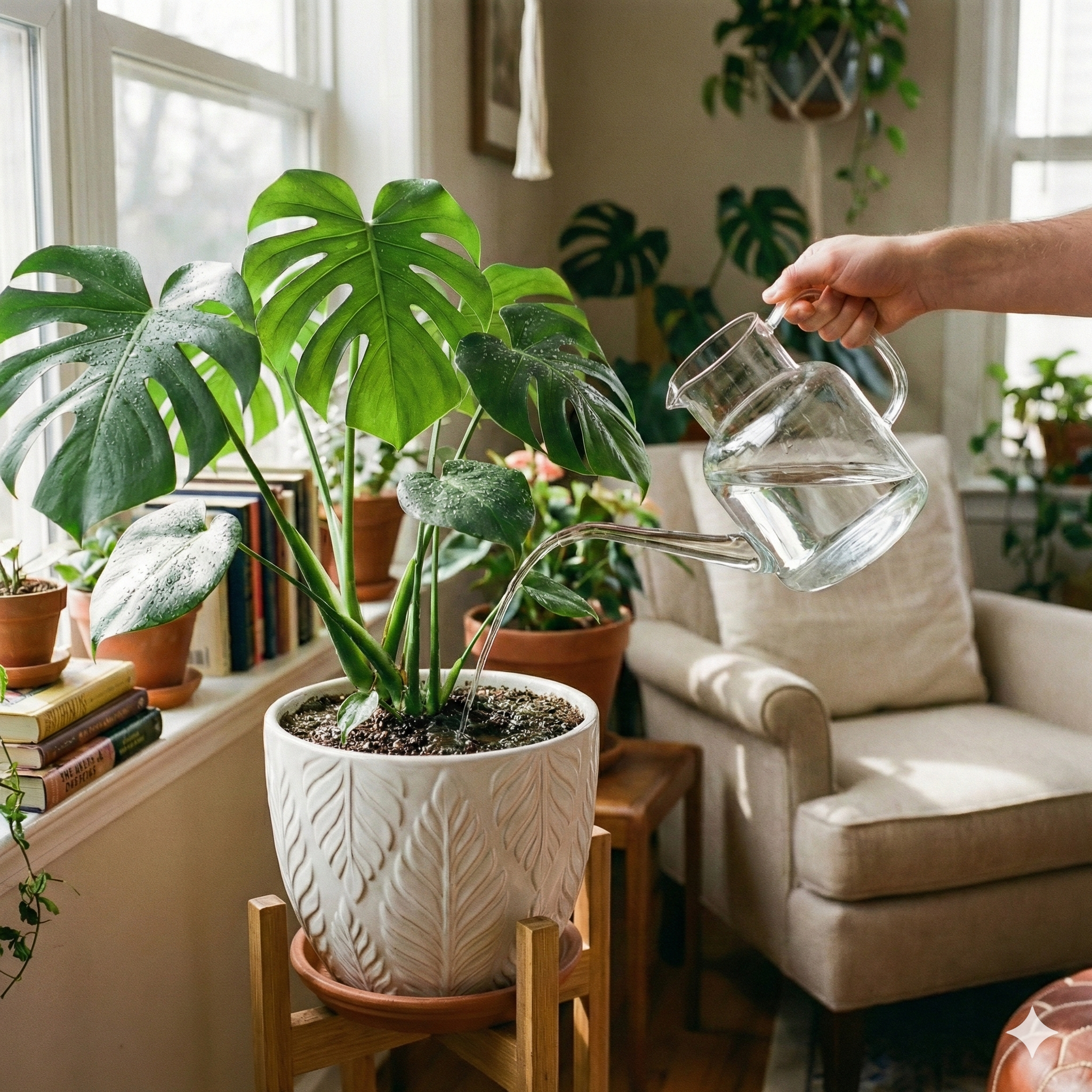 Regadera hidratando una planta de interior temprano en la mañana de verano