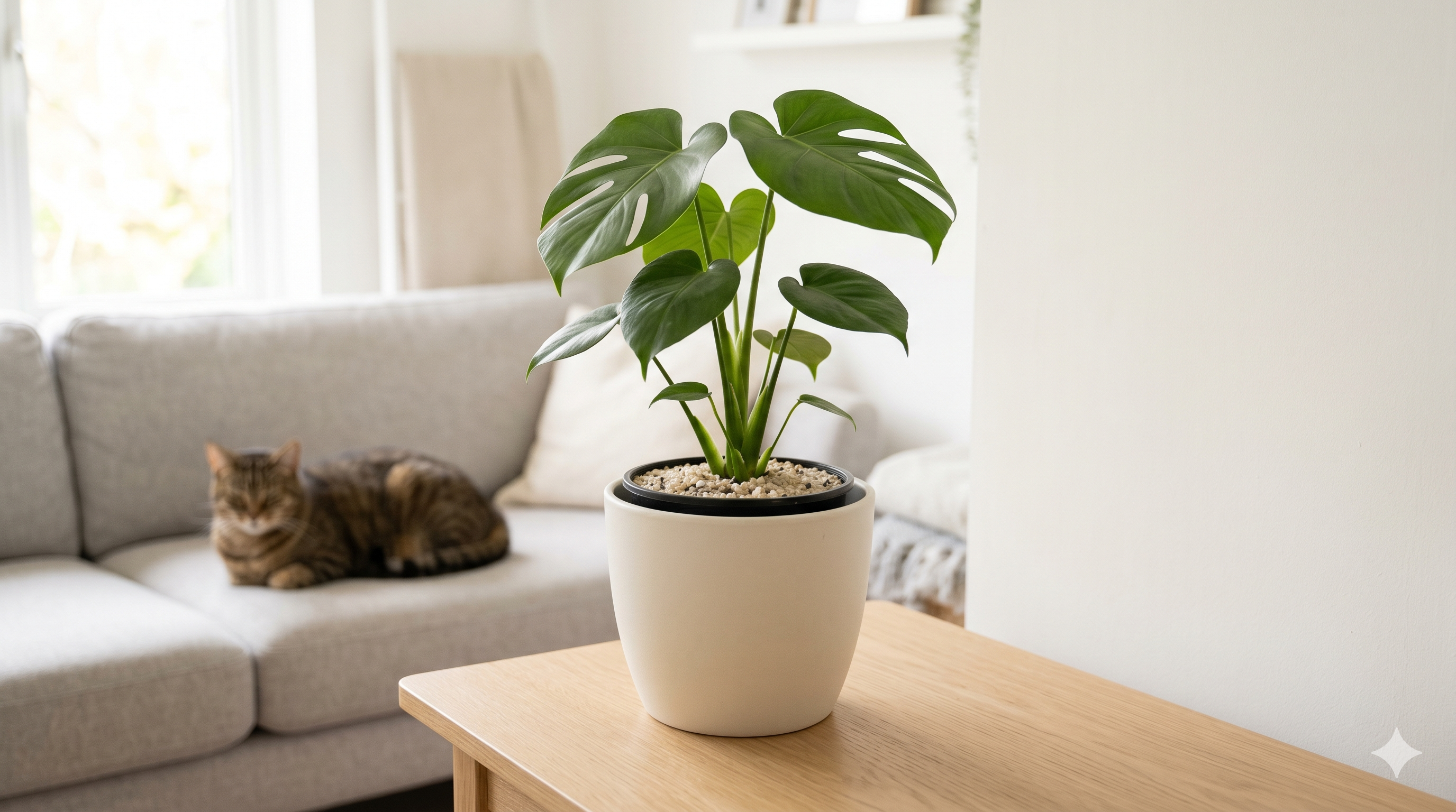 Planta de interior en casa con una mascota y mosquitas del sustrato revoloteando